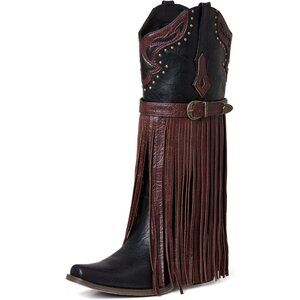⚡Women's1 Black Brown Microfiber Chunky Heel Fringe Pull-On Mid Calf Boots